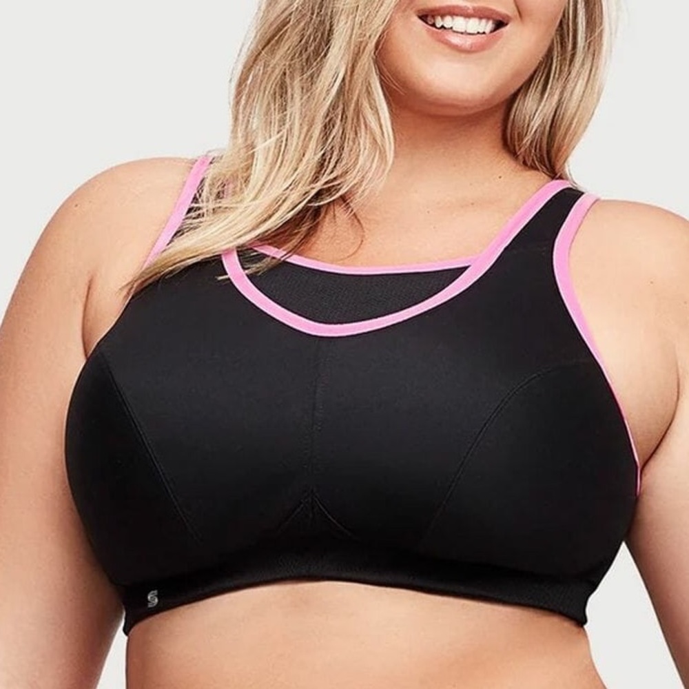 GLAMORISE Sport black & pink No-Bounce Camisole wirefree Sports Bra sz 34DD NWOT